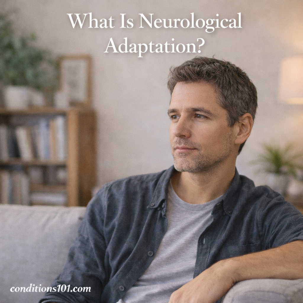 Adult sitting calmly on a couch in a home setting, representing neurological adaptation in everyday life.