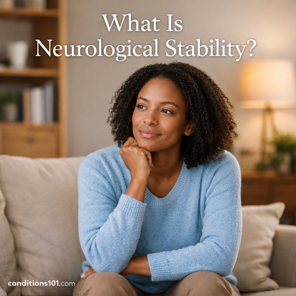 Adult person sitting in a calm living room setting, appearing thoughtfully focused, representing an educational overview of neurological stability.