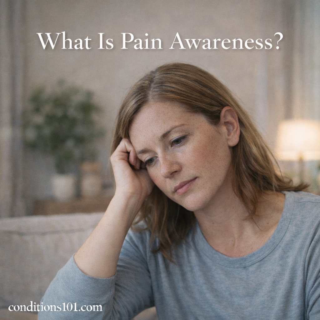 Adult woman sitting thoughtfully in a calm indoor setting, representing an educational article explaining pain awareness.