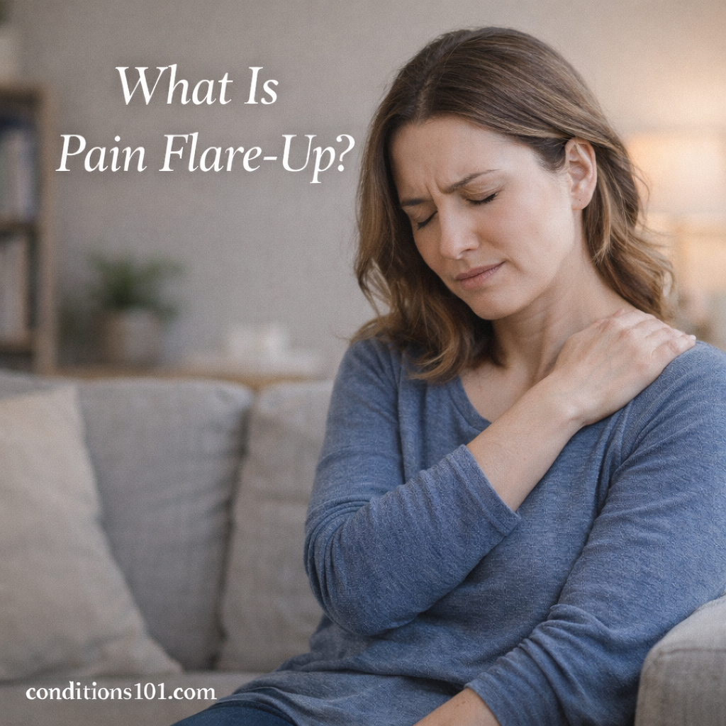 Adult woman sitting on a couch at home, gently holding her shoulder during a calm, everyday moment, representing a pain flare-up.