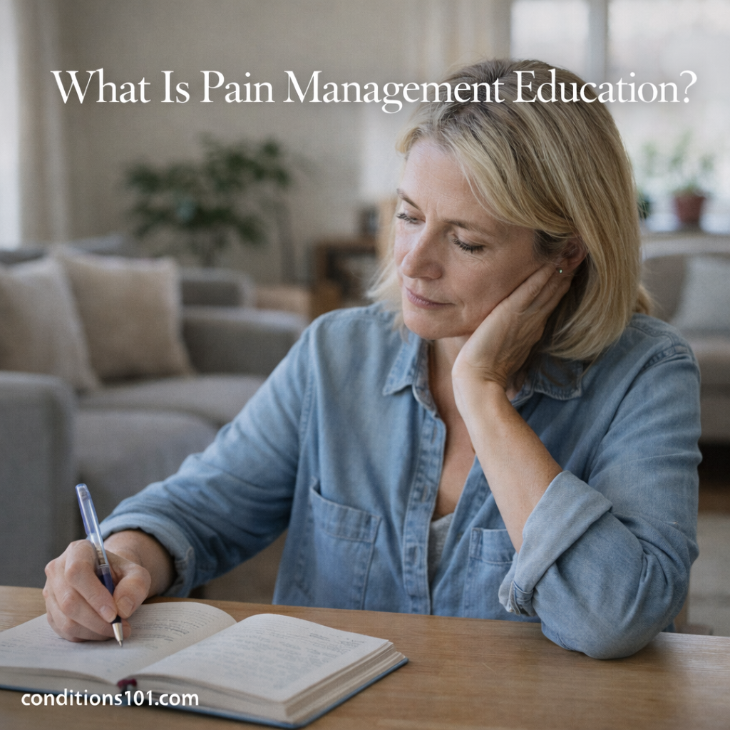 Adult woman writing in a notebook in a calm home setting, representing pain management education and personal learning.