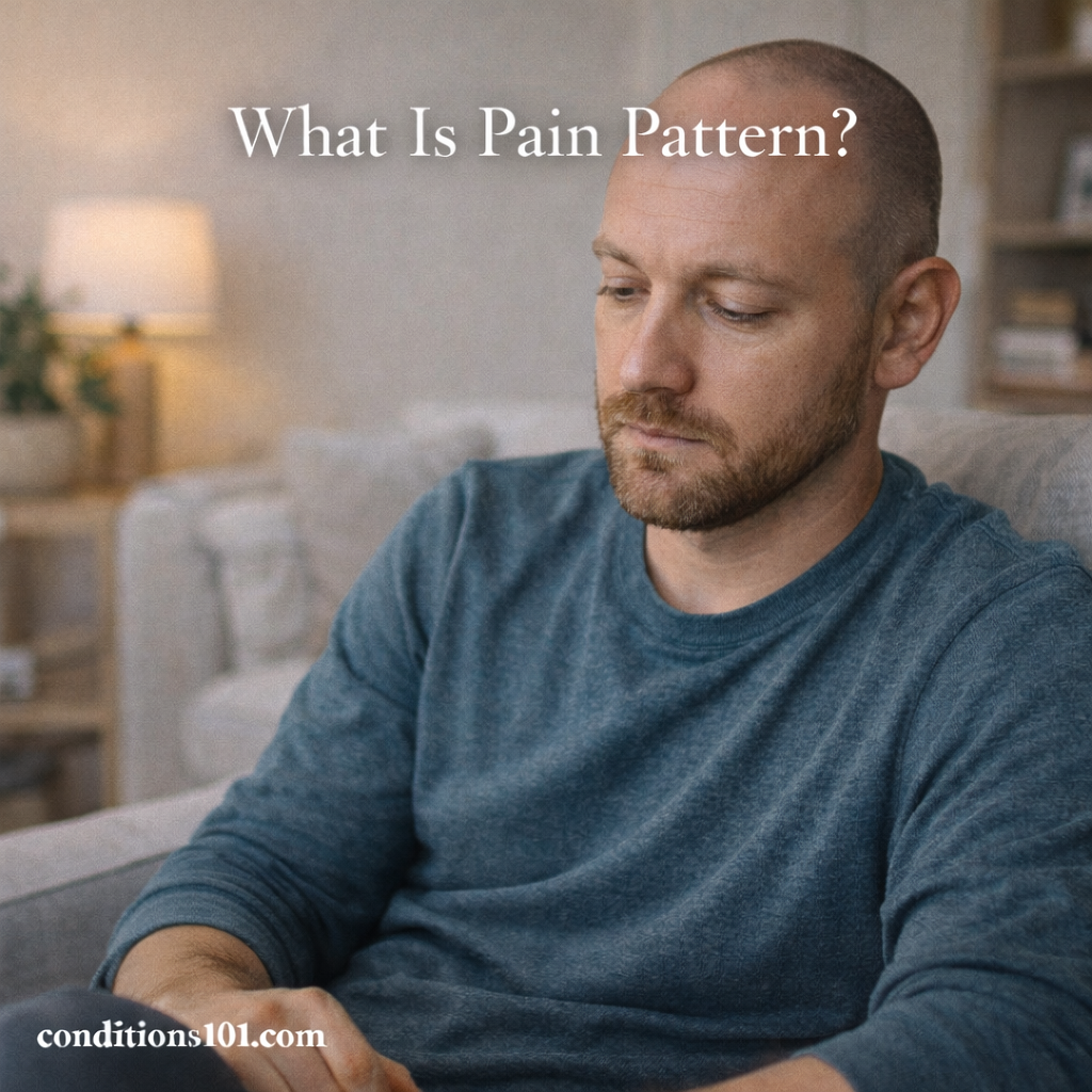 Adult man sitting thoughtfully on a couch in a calm home setting, representing reflection on pain patterns in a non-clinical, educational context.