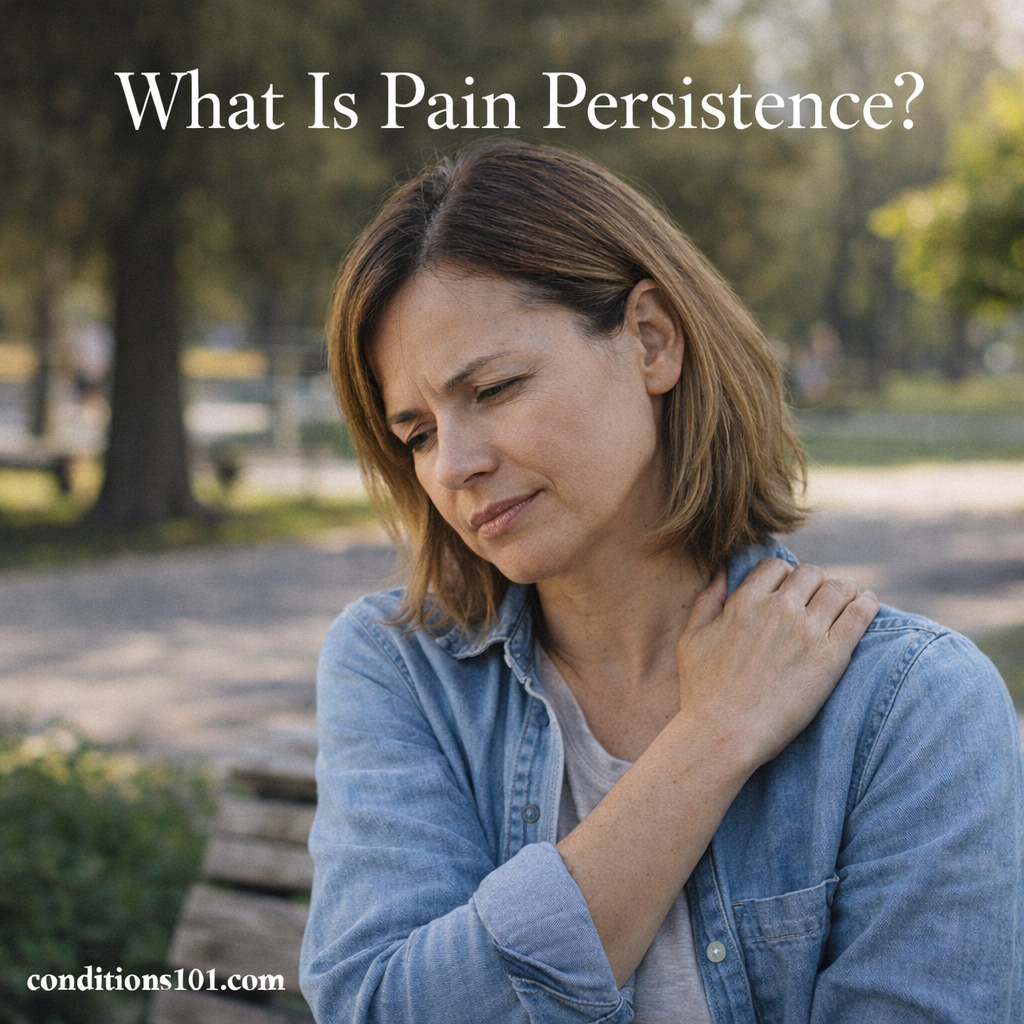 Adult woman sitting on a park bench with a thoughtful expression, gently holding her shoulder in a calm outdoor setting, representing an educational article about pain persistence.