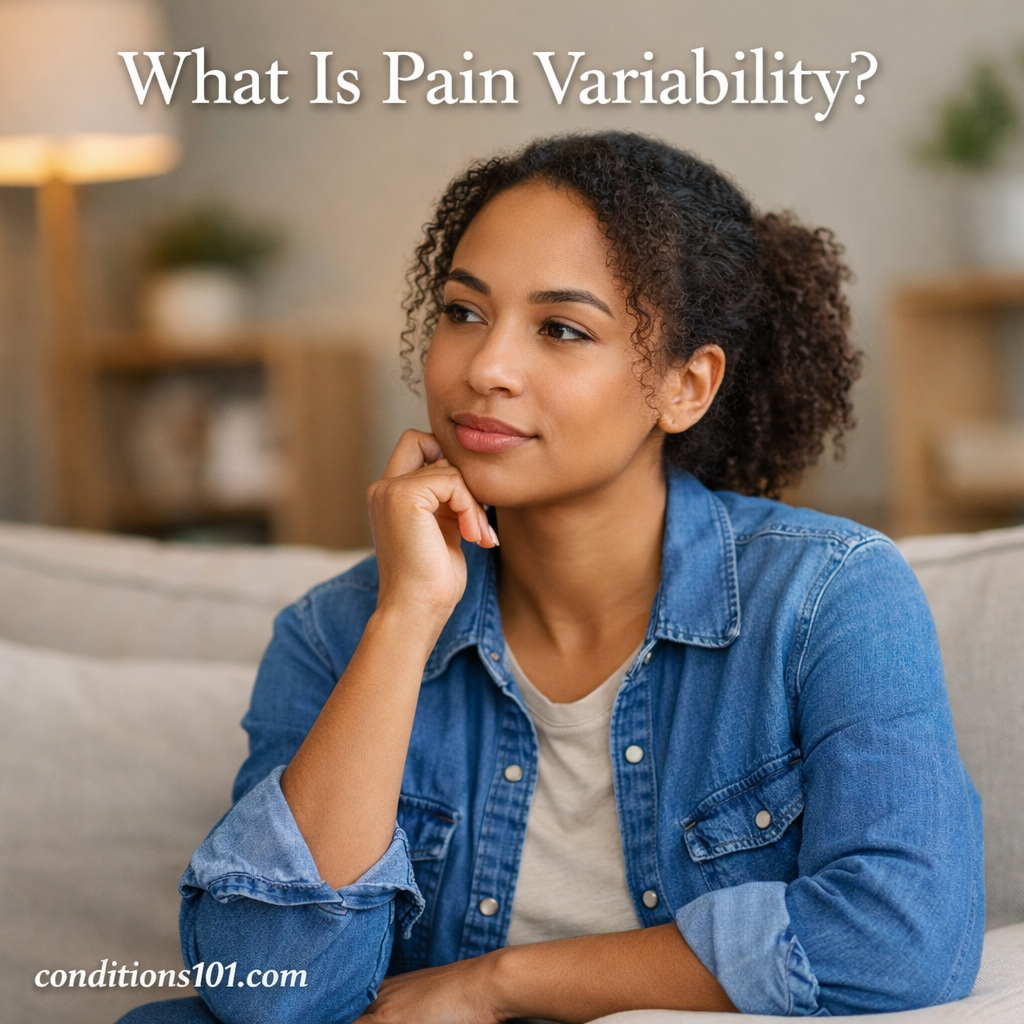 Adult person sitting calmly in a living room, representing pain variability in everyday life.
