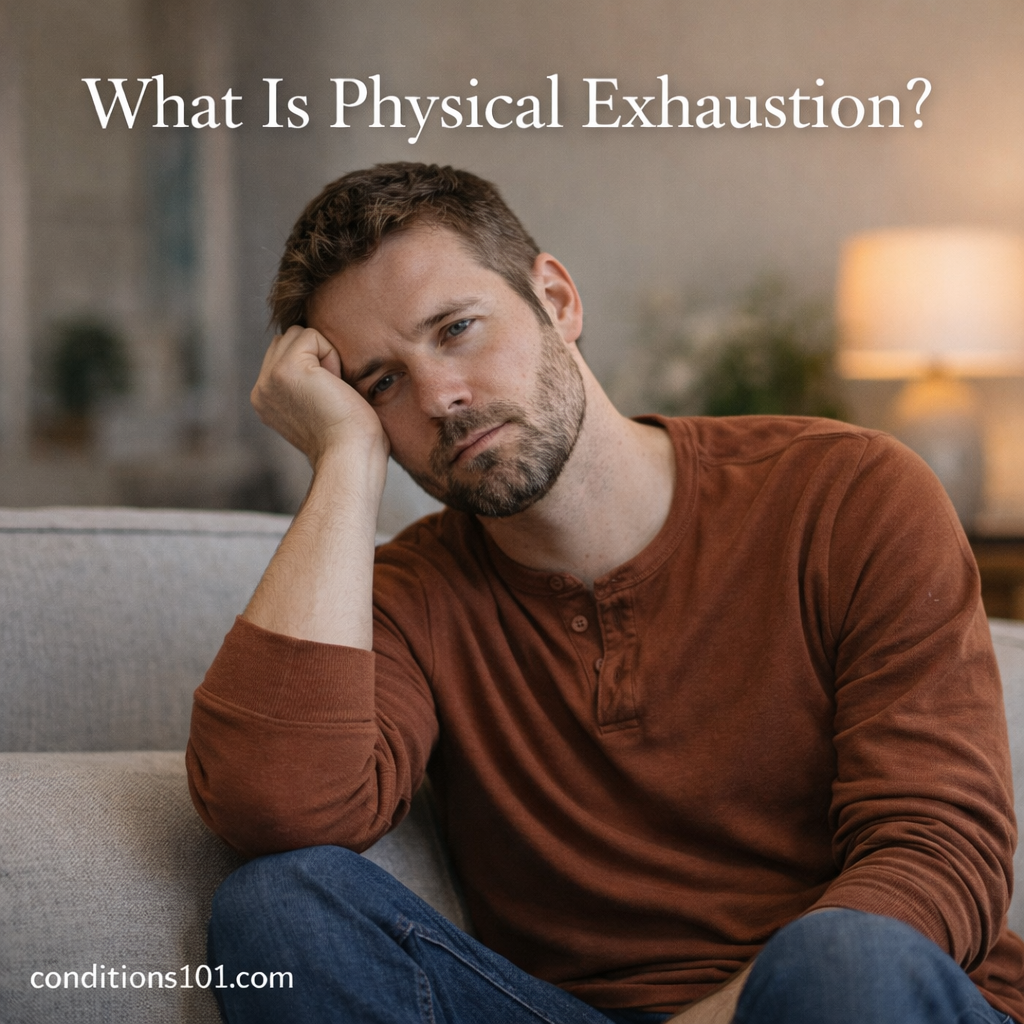 Adult man sitting quietly on a couch in a calm home environment, representing physical exhaustion in an everyday, non-clinical setting.