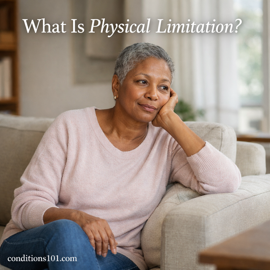 Adult woman sitting thoughtfully in a calm living room setting representing physical limitation in everyday life.