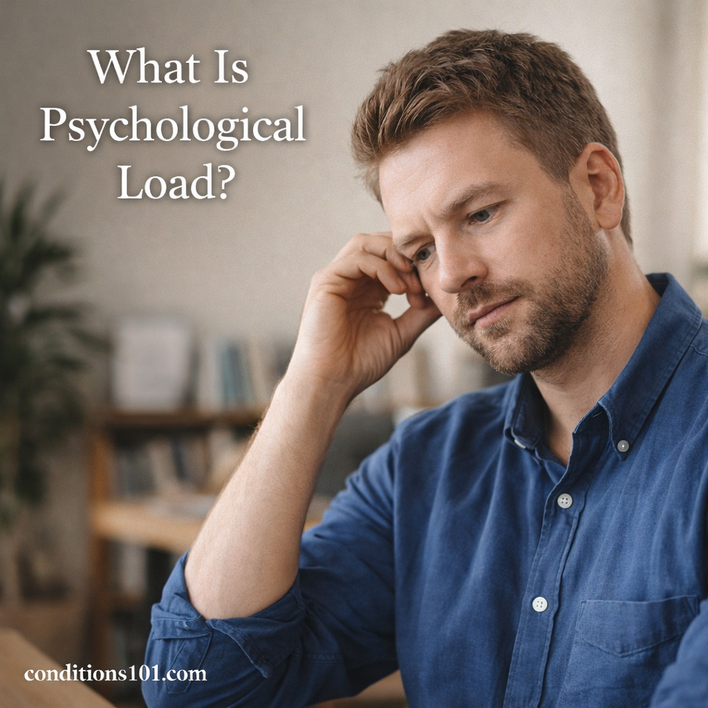 Adult man sitting thoughtfully in a calm home office setting representing an educational article about psychological load.