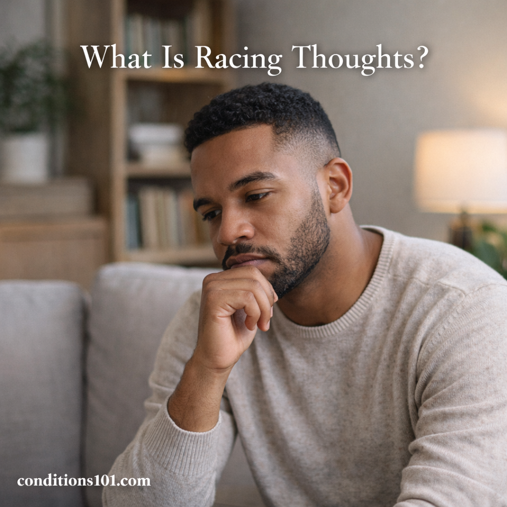 Adult man sitting thoughtfully on a couch in a calm home setting, representing racing thoughts in an educational, non-clinical context.