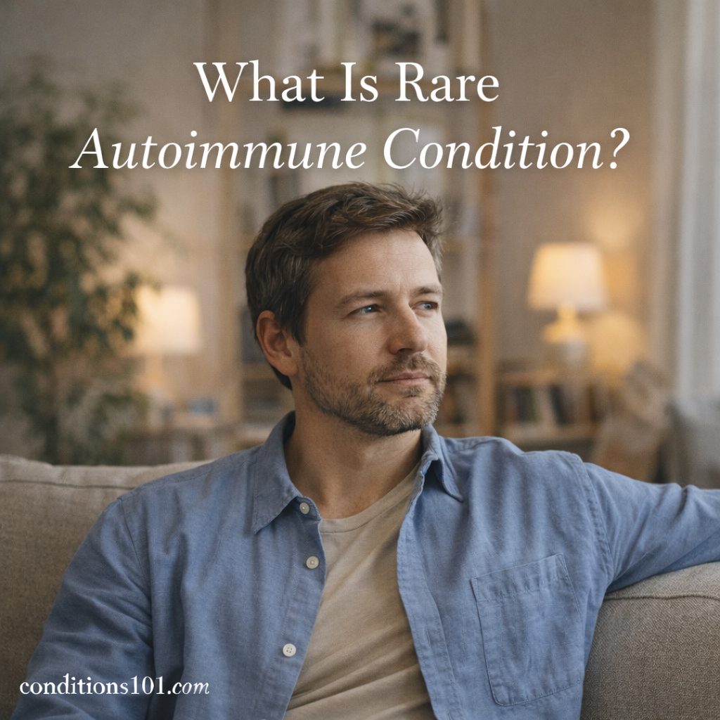 Adult man sitting calmly on a couch in a home setting with a thoughtful expression, representing a rare autoimmune condition in an everyday context.