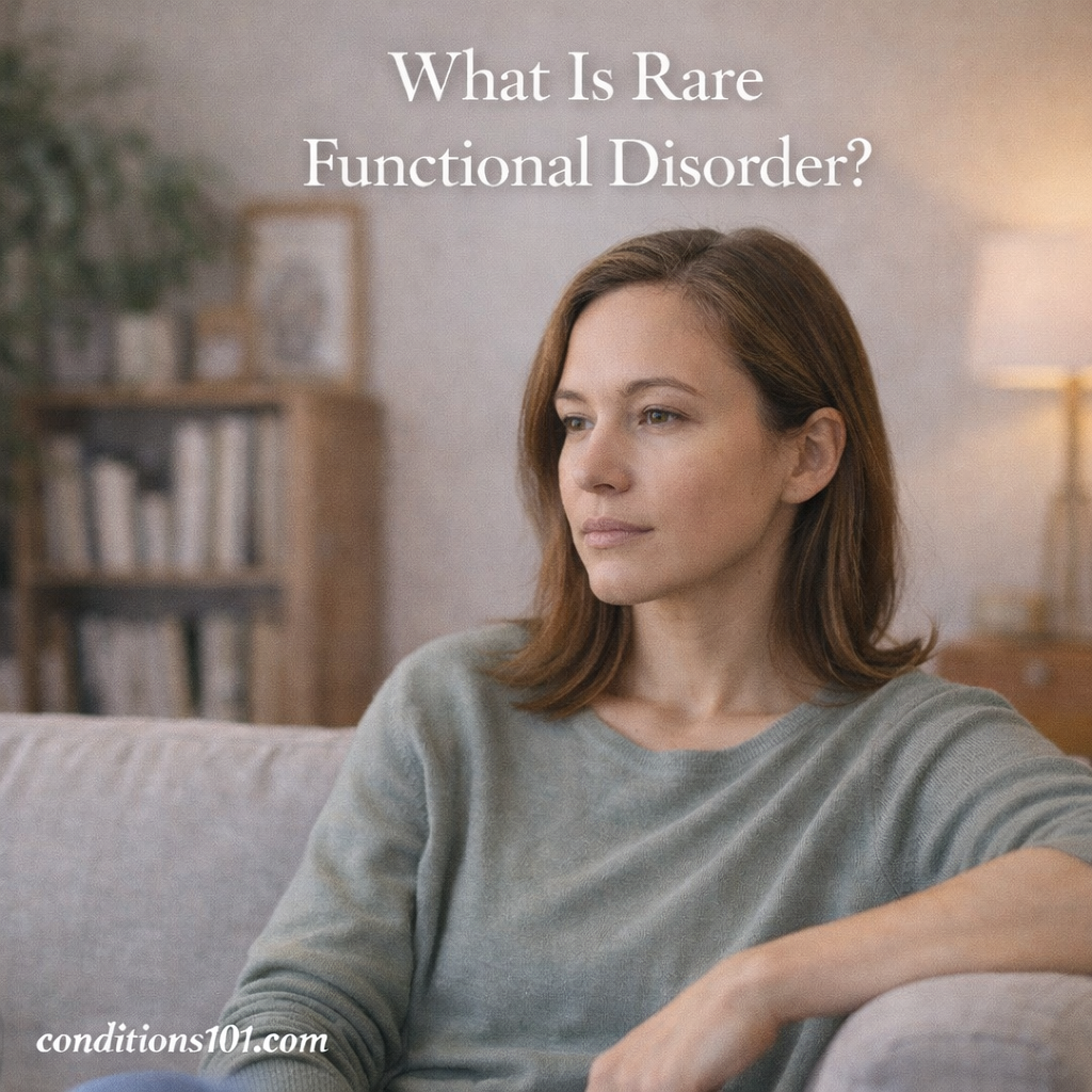 Adult sitting calmly on a couch in a home setting, representing a rare functional disorder in everyday life.