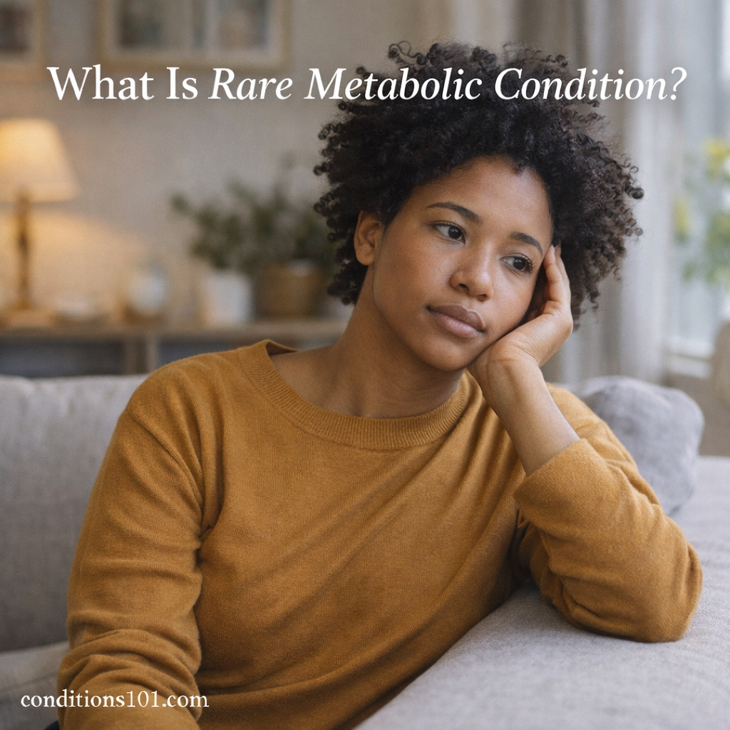 Woman sitting thoughtfully on a couch in a calm home setting, representing rare metabolic conditions in an educational context.