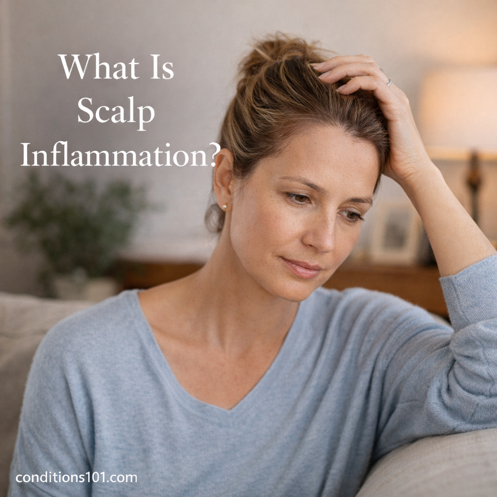 Adult woman sitting in a calm home setting, gently touching her scalp while reflecting on scalp inflammation.