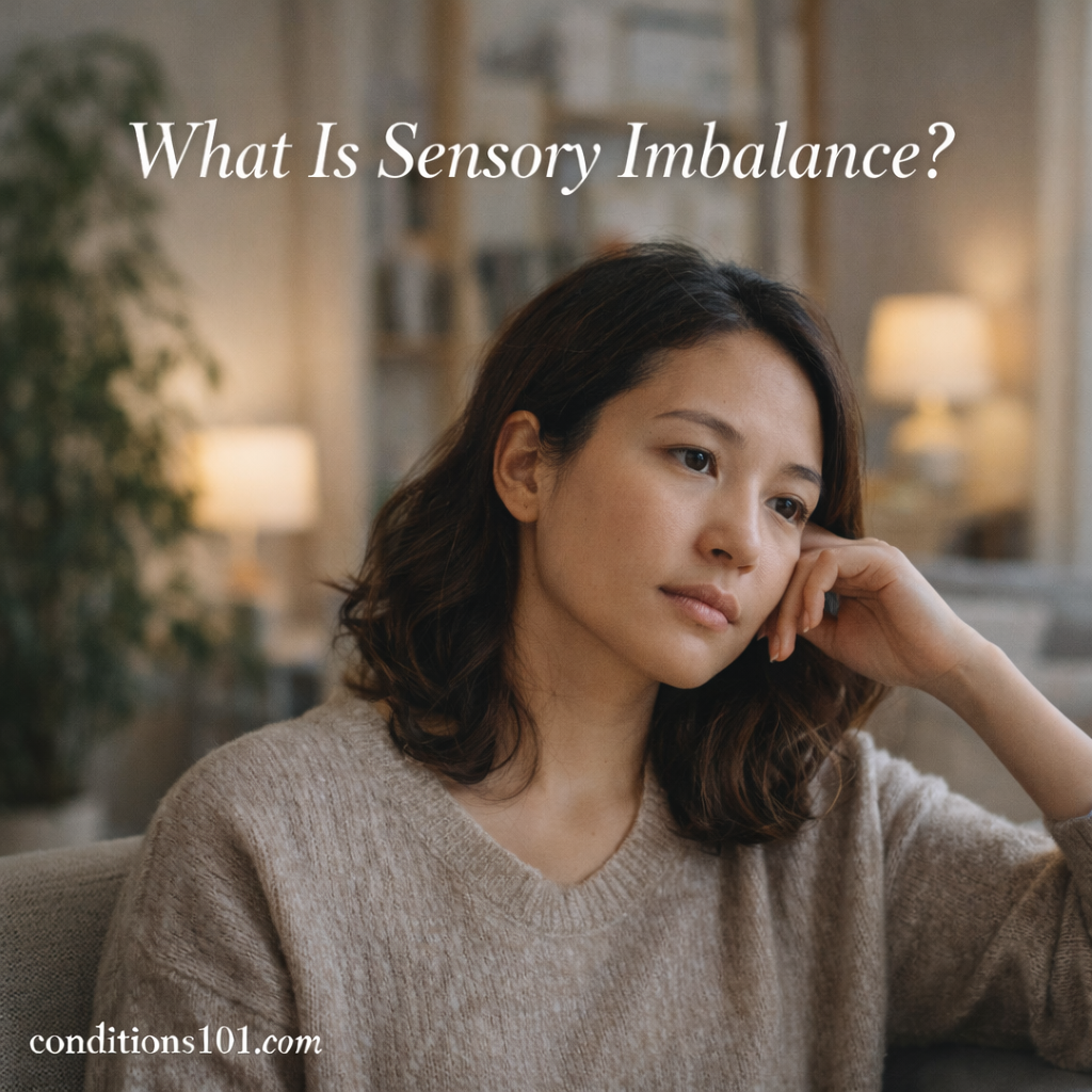Adult woman sitting calmly in a living room with a thoughtful expression, representing sensory imbalance in an everyday setting.