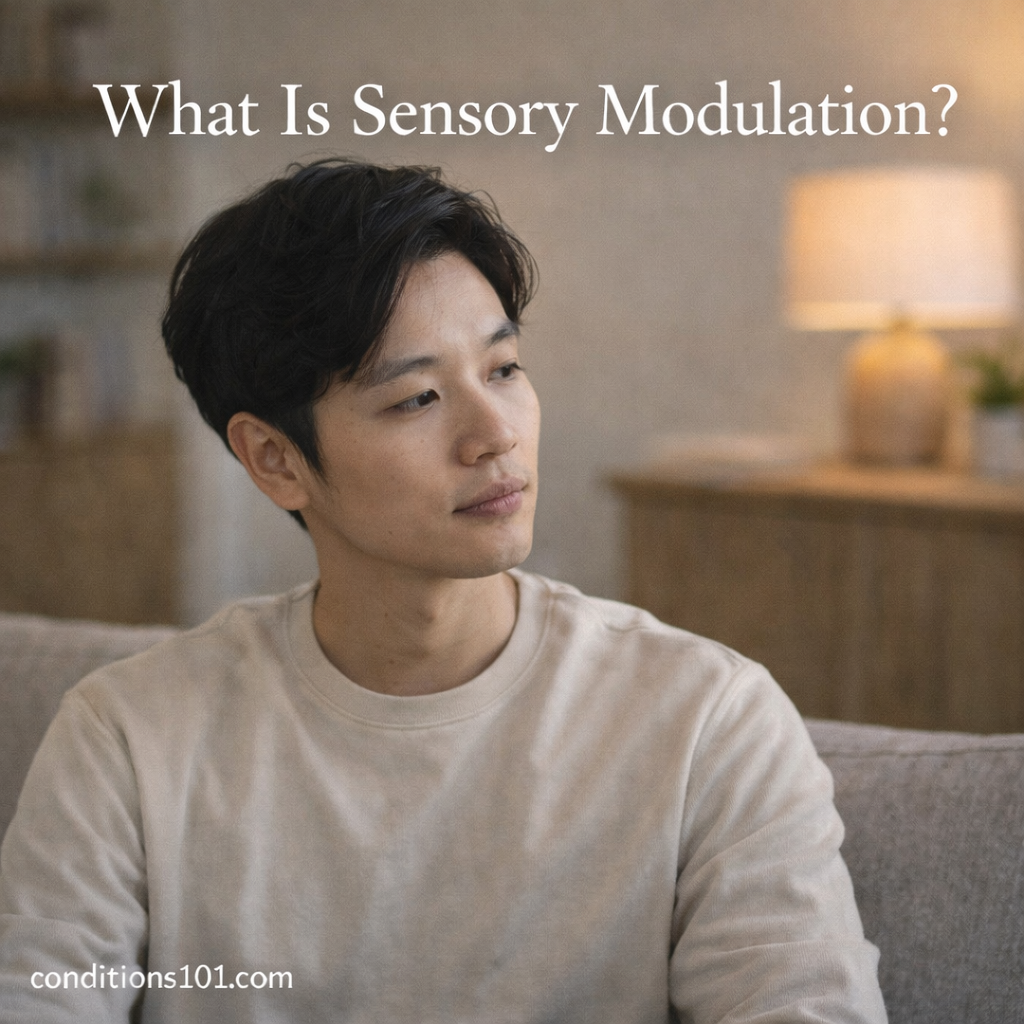 Adult man sitting calmly in a living room, appearing thoughtful in an everyday setting that represents sensory modulation.