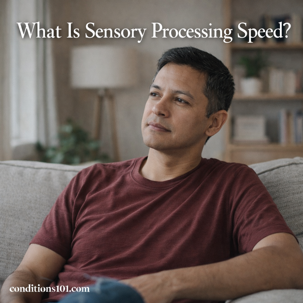 Adult man sitting calmly on a couch in a living room, representing an educational overview of sensory processing speed.