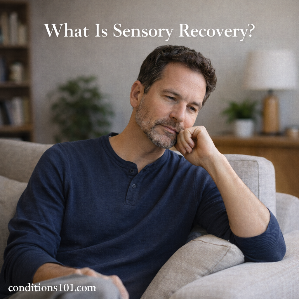 Adult man sitting thoughtfully on a couch in a calm home setting, representing sensory recovery after everyday stimulation.