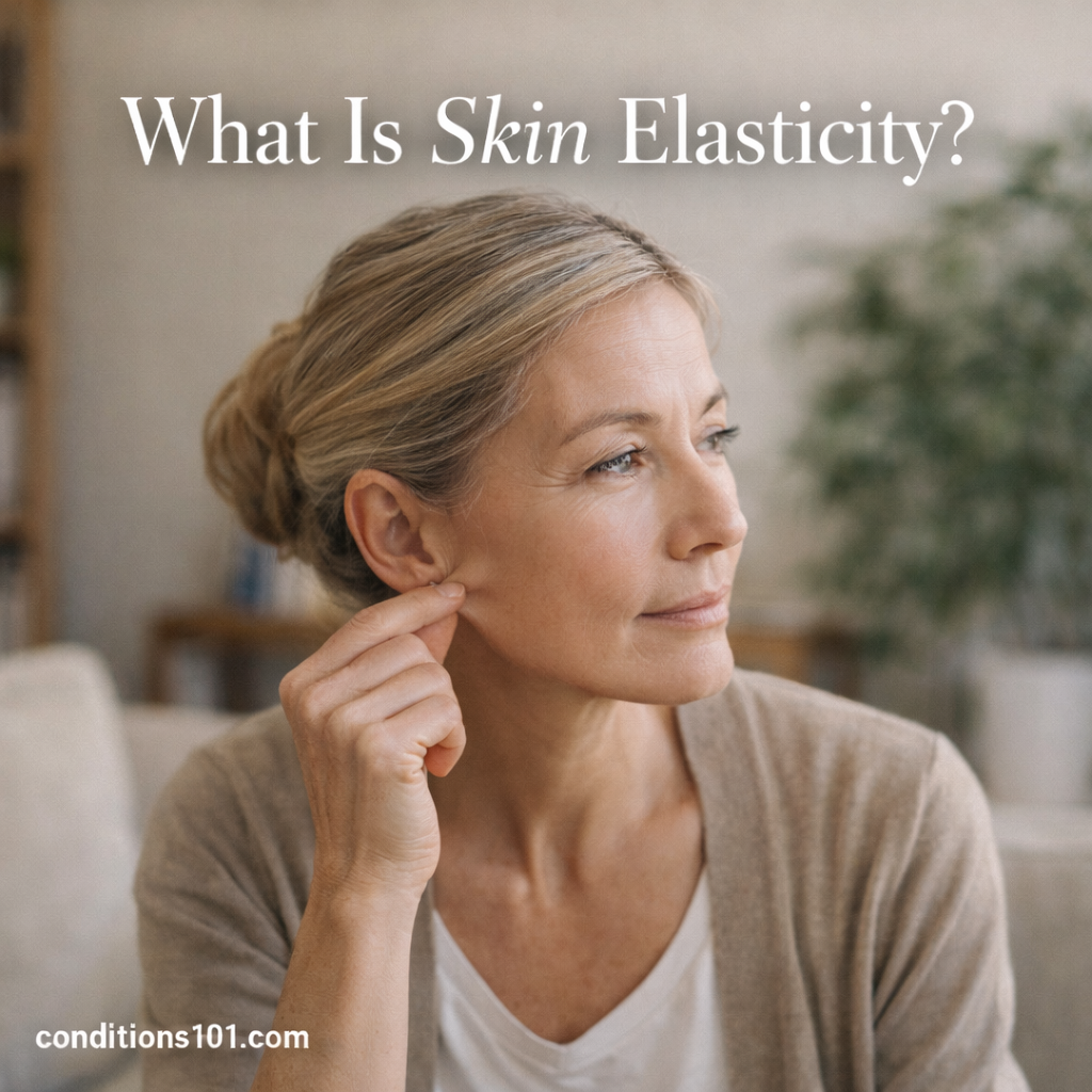 Adult woman gently touching her cheek in a calm indoor setting, representing skin elasticity in a non-clinical, educational context.