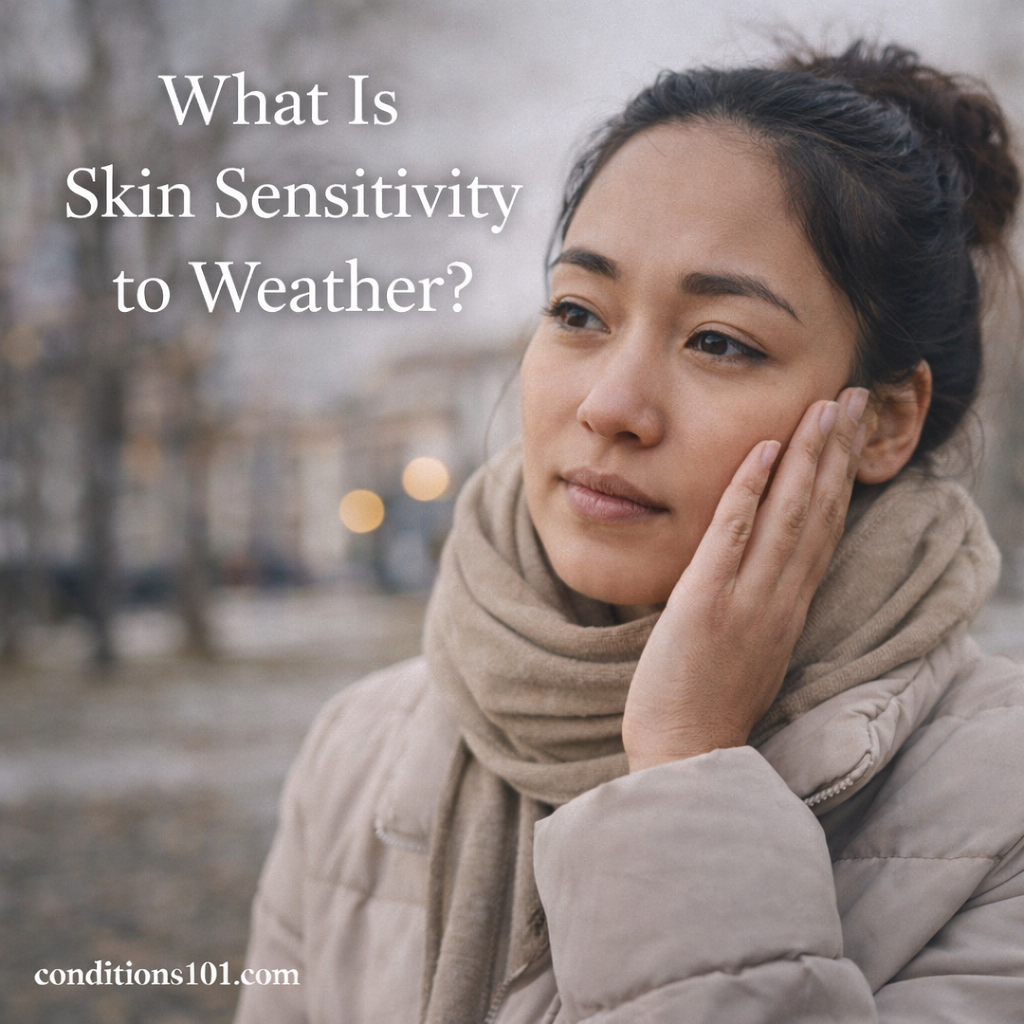 Woman standing outdoors in cool weather touching her face thoughtfully, representing skin sensitivity to changing weather conditions.