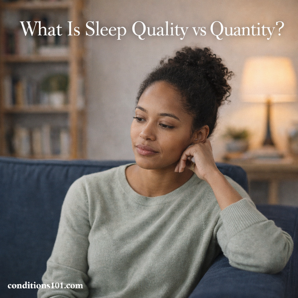 Adult woman sitting on a couch with a thoughtful expression in a calm living room setting, representing an educational article about sleep quality versus sleep quantity.