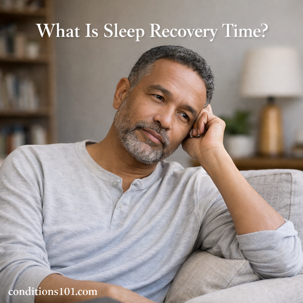Adult man sitting thoughtfully on a couch in a calm home setting, representing sleep recovery and everyday fatigue.