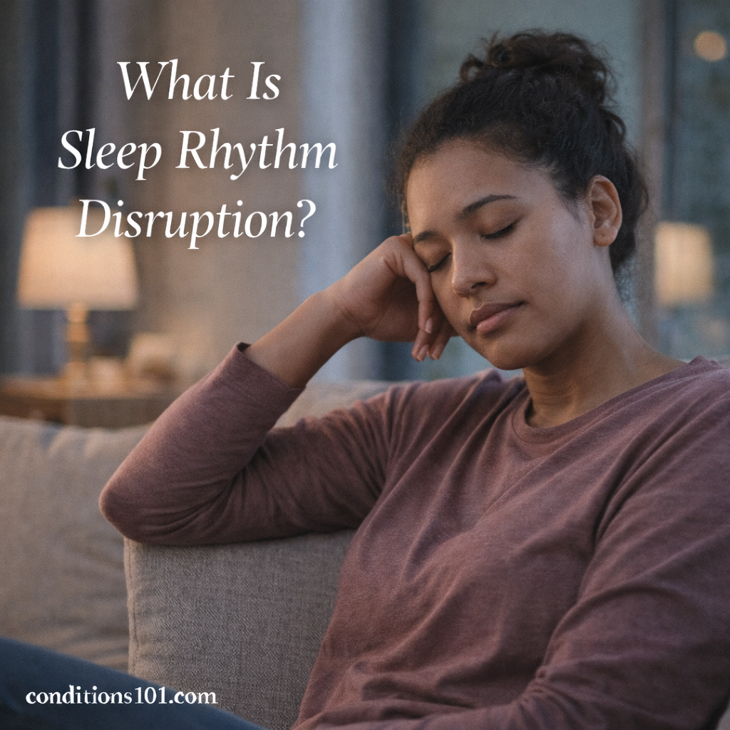 Adult woman resting on a couch in a calm home setting, appearing quietly fatigued and reflective, representing sleep rhythm disruption.