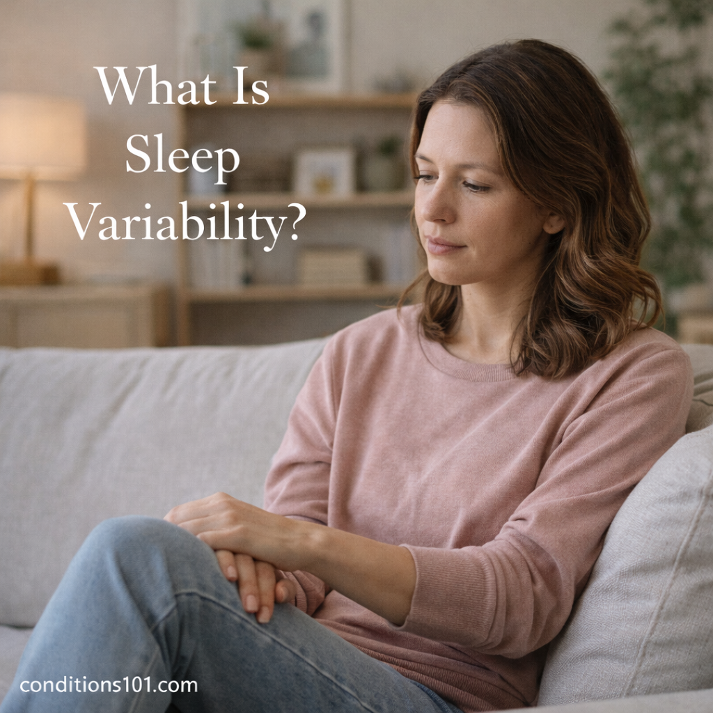 Adult woman sitting on a couch in a calm living room, appearing thoughtful while reflecting on sleep variability.