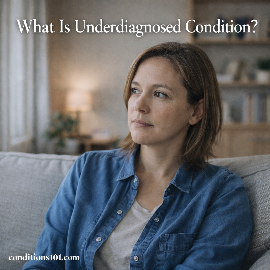 Adult woman sitting thoughtfully on a couch in a calm home setting, representing an educational overview of underdiagnosed conditions.