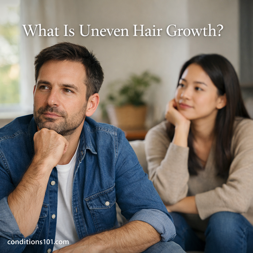 Adult individuals sitting in a calm home setting with neutral expressions, representing uneven hair growth awareness.
