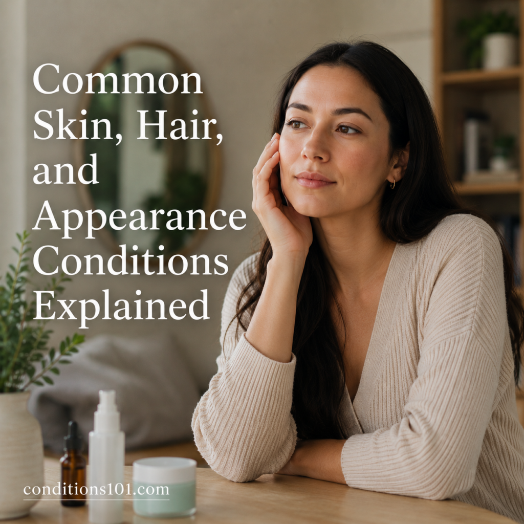 Thoughtful adult woman in a calm home setting reflecting during an educational article about skin, hair, and appearance-related health topics.