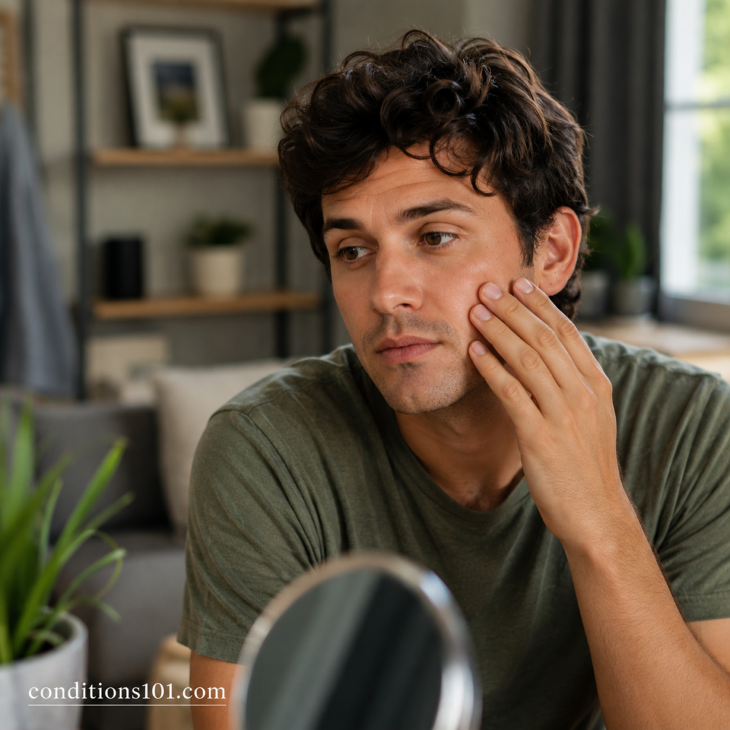 Adult man in a calm home setting thoughtfully looking in a mirror during an everyday moment related to skin, hair, and appearance awareness.