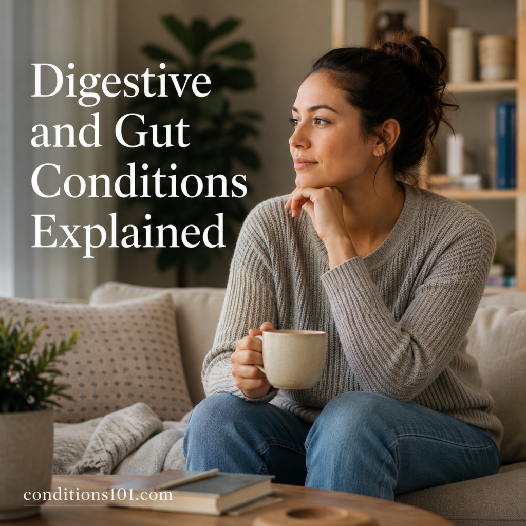 Thoughtful adult woman sitting in a calm home setting holding a cup during an educational article about digestive and gut health topics.