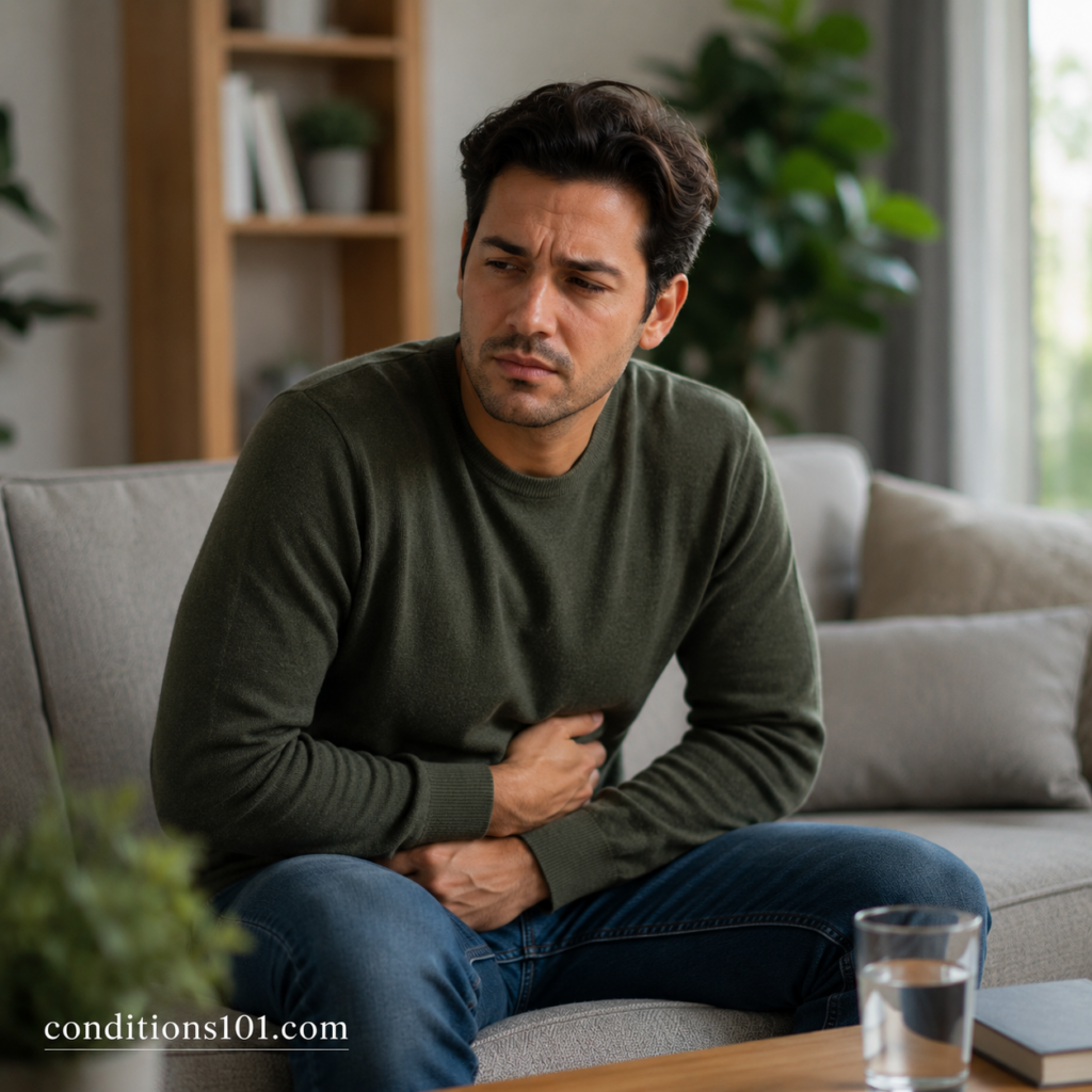 Adult man sitting on a couch in a calm home setting during a reflective everyday moment related to digestive and gut health topics.