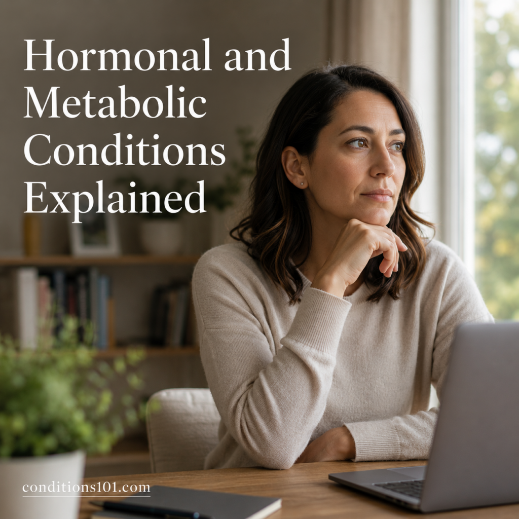 Thoughtful adult woman sitting in a calm home office setting reflecting during an educational article about hormonal and metabolic health topics.