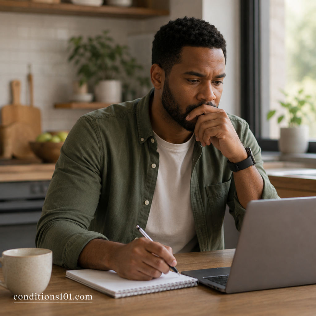 Adult man sitting at a table in a calm home setting thoughtfully reflecting while writing in a notebook during an everyday moment.
