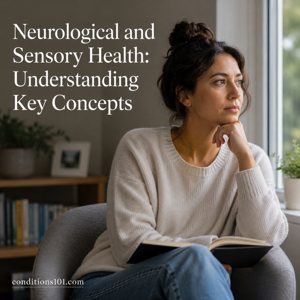 Thoughtful adult woman sitting in a calm reading space reflecting during an educational article about neurological and sensory health concepts.