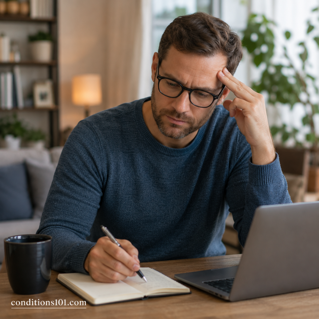 Adult man sitting at a desk in a calm home office setting thoughtfully focused during an everyday reflective moment.