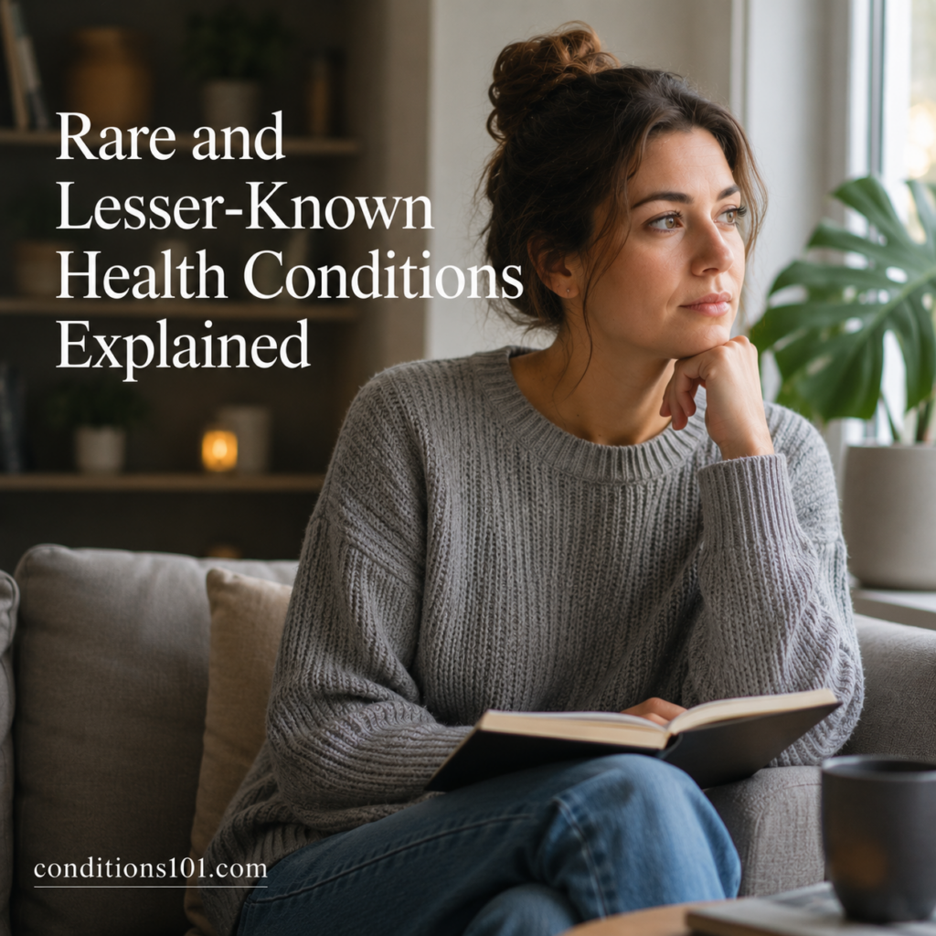 Thoughtful adult woman sitting in a calm living room setting reading and reflecting during an educational article about rare and lesser-known health topics.