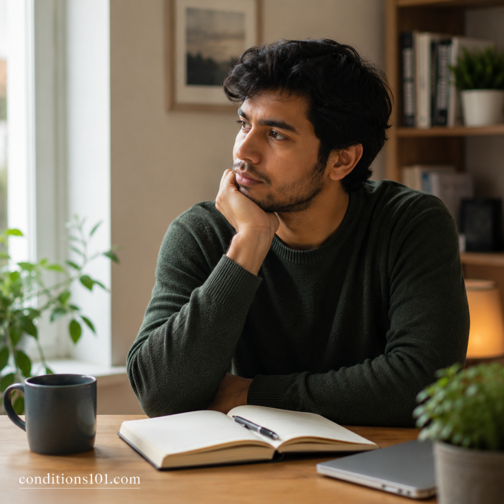 Adult man sitting at a table in a calm home setting thoughtfully reflecting during an everyday moment related to learning and health awareness.