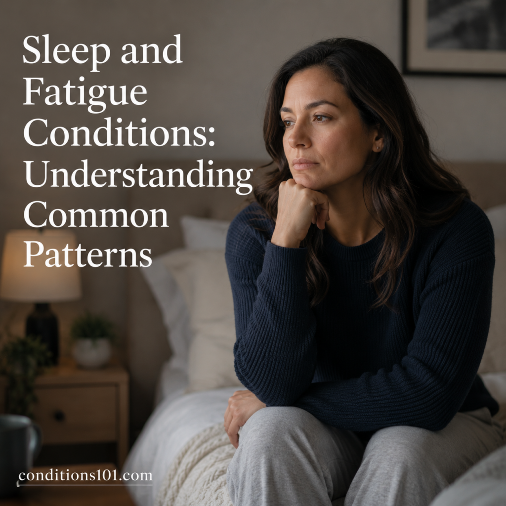 Thoughtful adult woman sitting in a calm bedroom setting reflecting during an educational article about sleep and fatigue-related health topics.