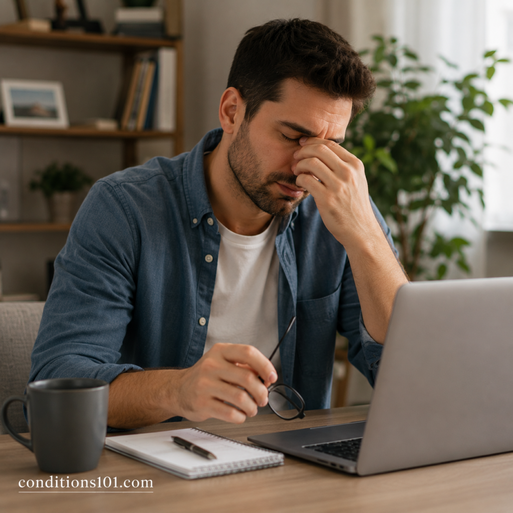 Adult man sitting at a desk in a calm home office setting showing mild tiredness during an everyday reflective moment.