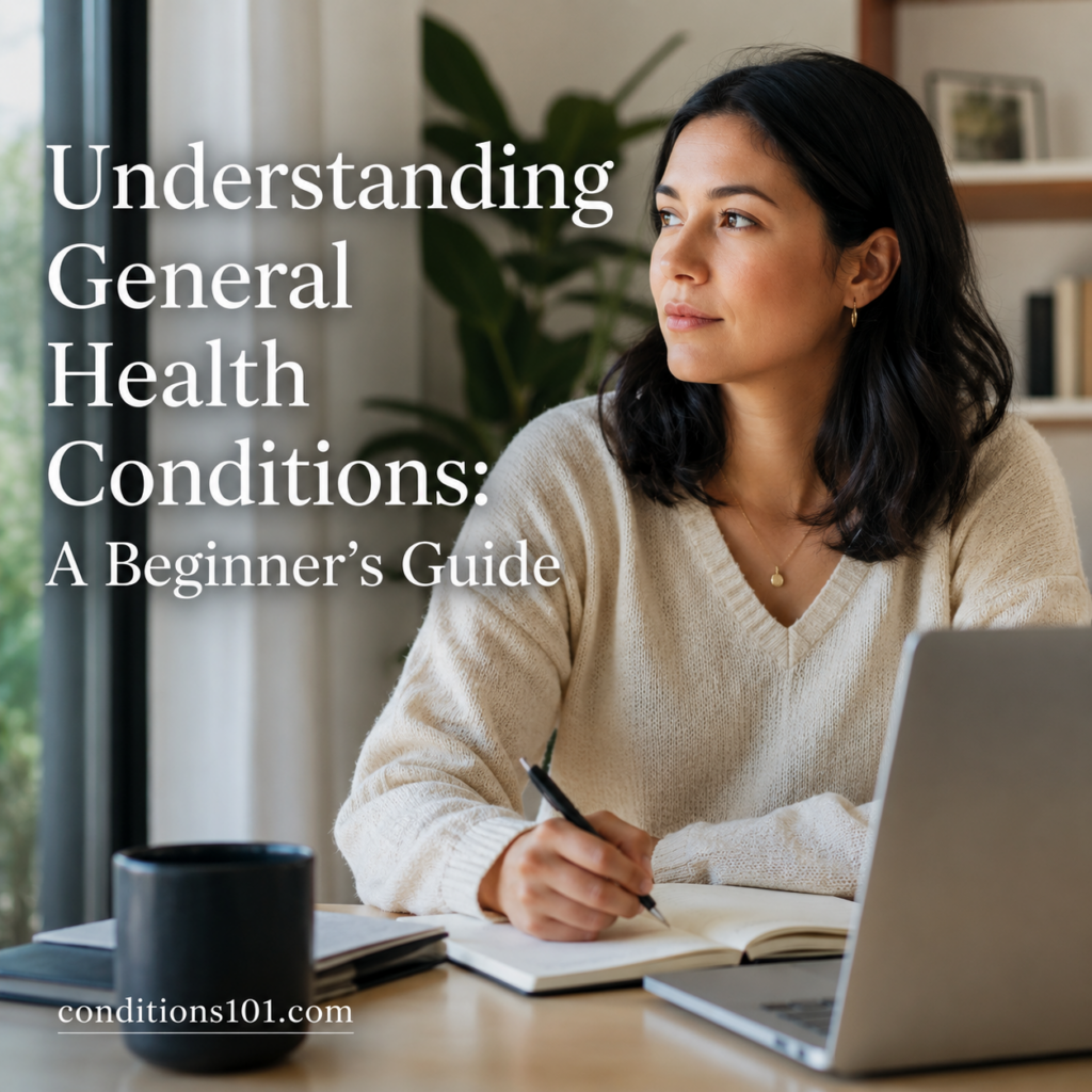 Thoughtful adult woman sitting at a home office desk in a calm everyday setting for an educational article about understanding general health conditions.