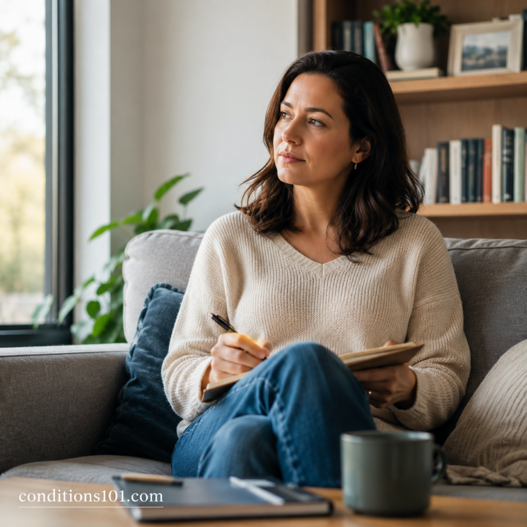 Adult woman sitting on a couch in a calm home setting, thoughtfully reflecting while writing in a notebook during an everyday moment.