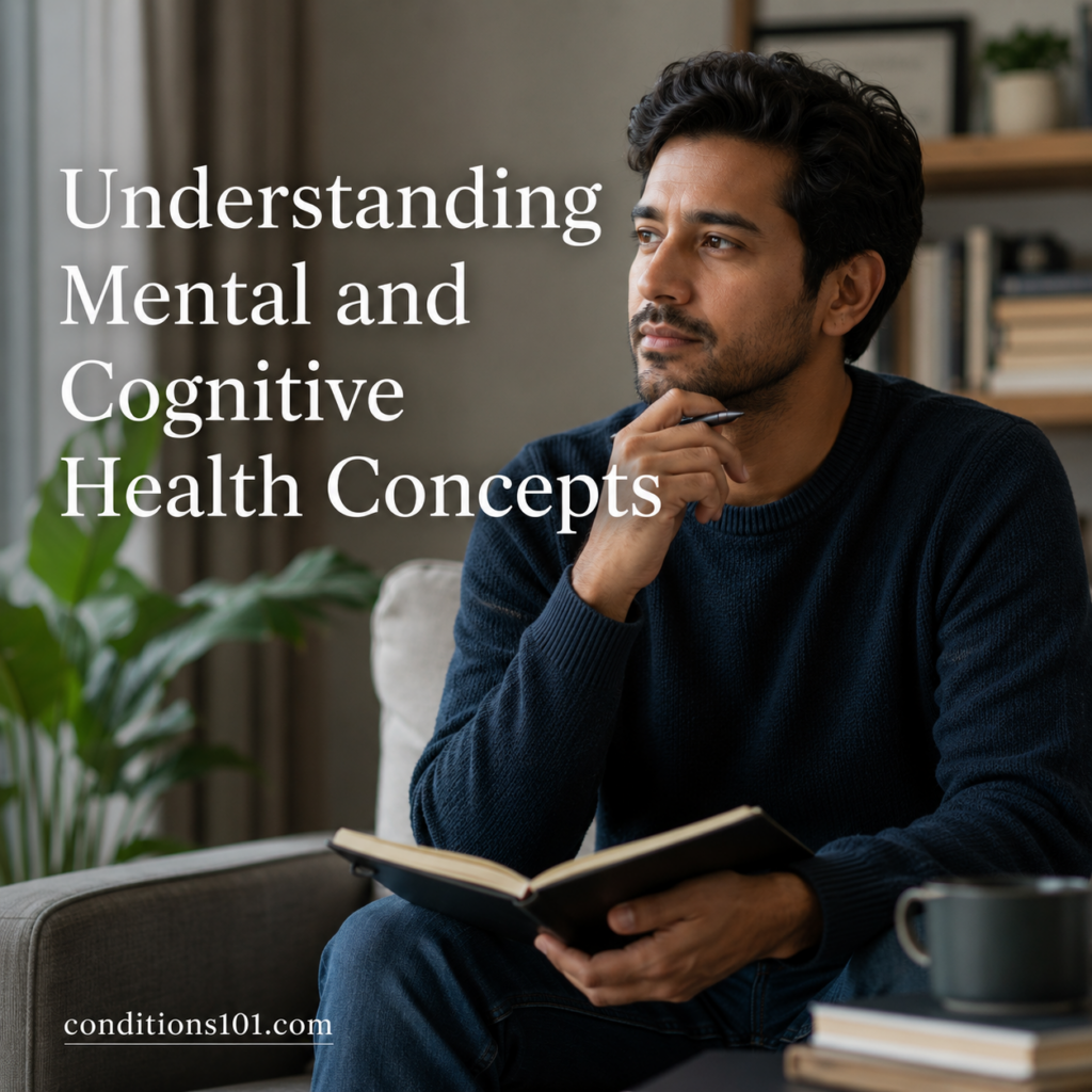 Thoughtful adult man sitting in a calm home setting with a journal, representing learning and reflection related to mental and cognitive health concepts.