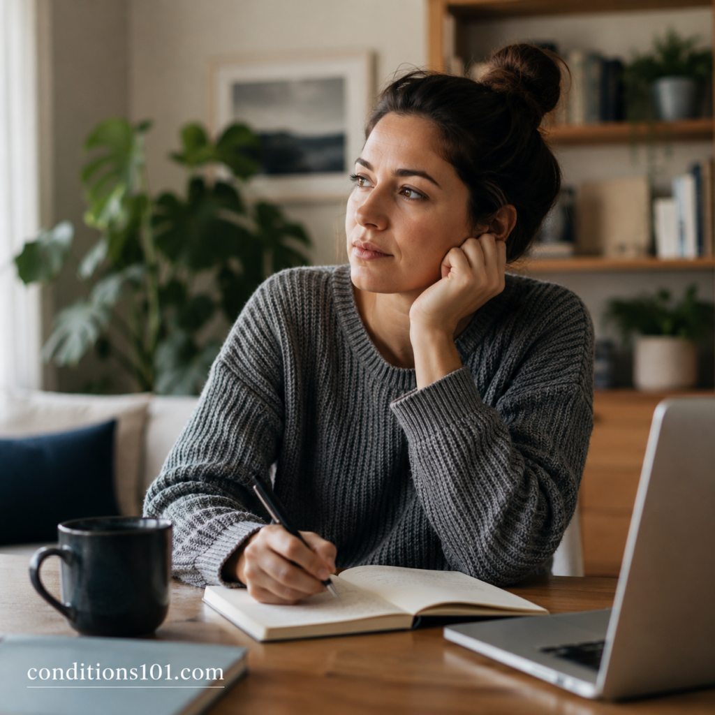 Adult woman sitting at a desk in a calm home setting, thoughtfully writing in a notebook during a reflective everyday moment.
