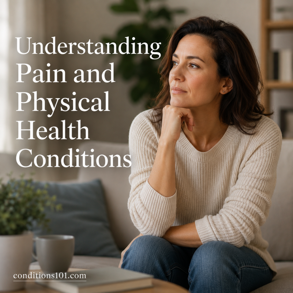 Thoughtful adult woman sitting in a calm living room setting reflecting during an educational article about pain and physical health concepts.