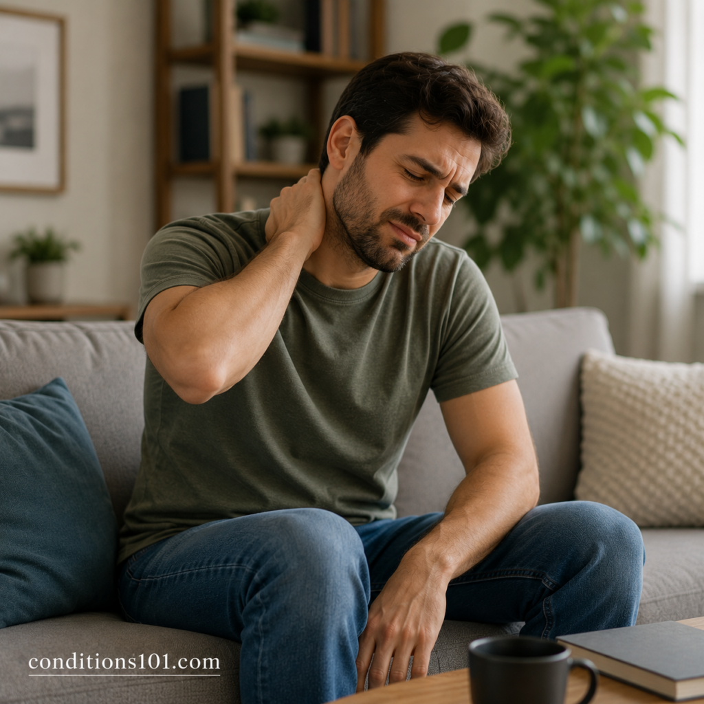 Adult man sitting on a couch in a calm home setting during an everyday moment related to physical discomfort and pain awareness.