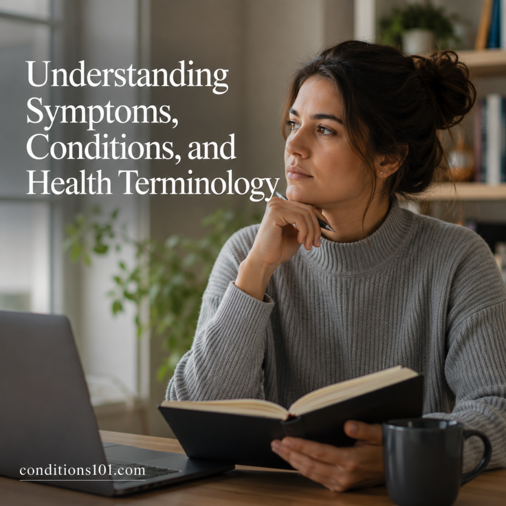 Thoughtful adult woman sitting in a calm home office setting reading and reflecting during an educational article about symptoms, conditions, and health terminology.