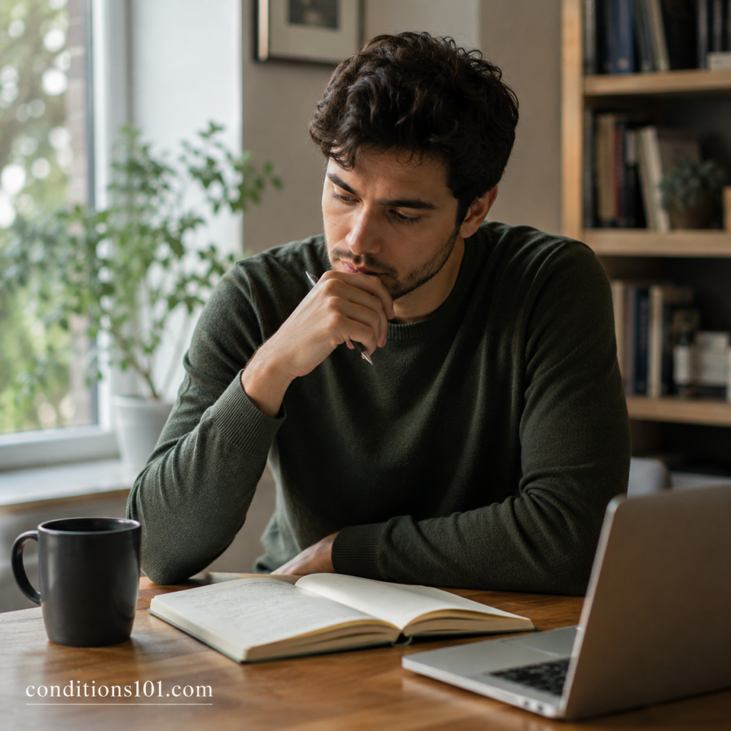 Adult man sitting at a desk in a calm home setting thoughtfully reading and reflecting during an everyday learning moment.
