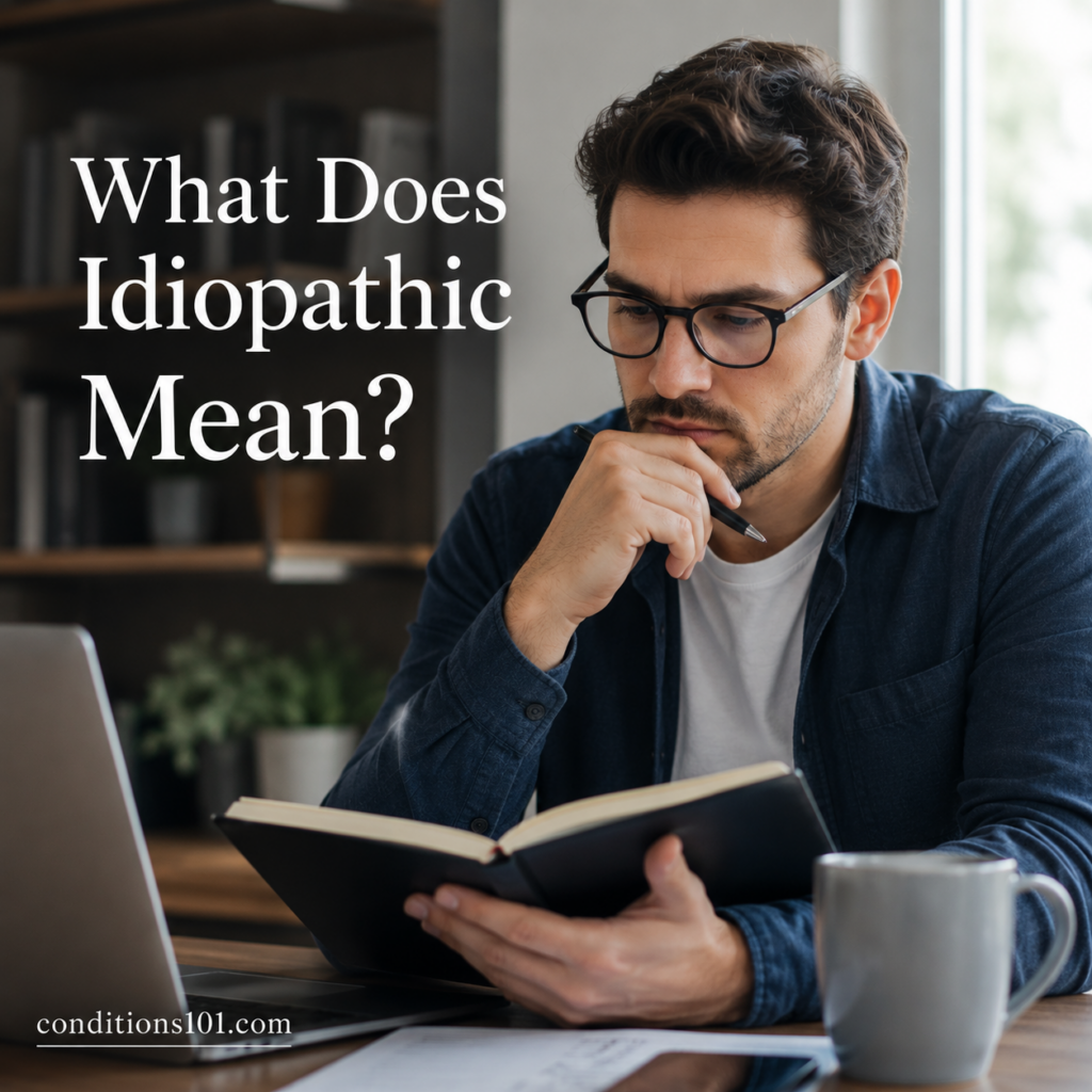 Thoughtful adult man sitting in a calm home office setting reading and reflecting during an educational article about the meaning of idiopathic medical terminology.