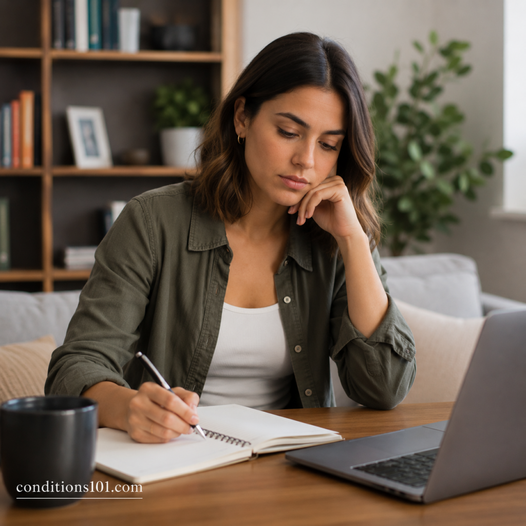 Adult woman sitting at a desk in a calm home office setting thoughtfully writing notes during an educational moment about health terminology concepts.